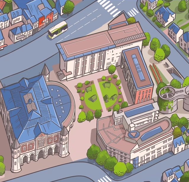 Blois dessiné à la main par Dominique Hermier : une place arborée, les toits bleus, un bus