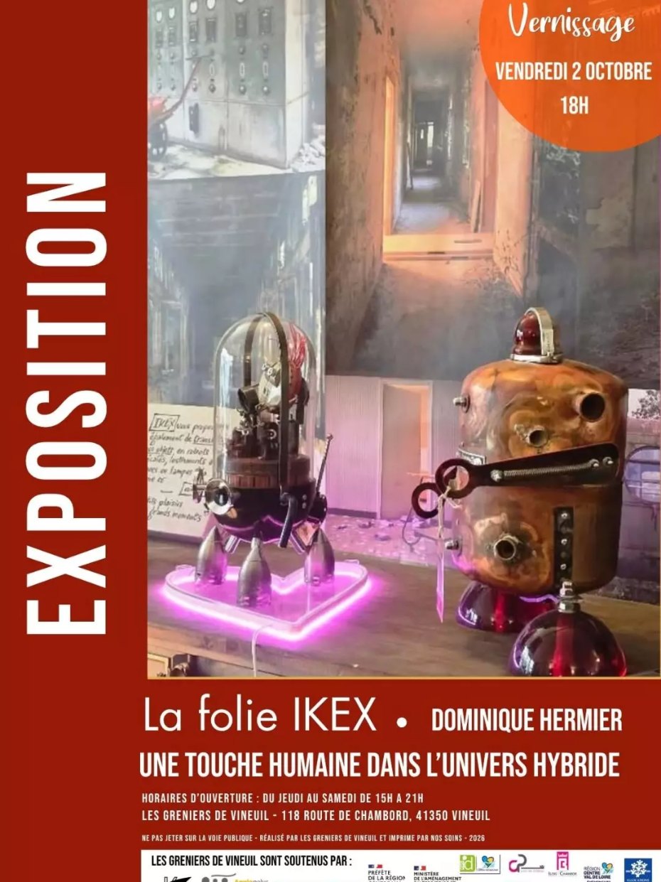 Affiche de l’exposition La Folie IKEX de Dominique Hermier : deux robots, l’un sous une cloche de verre sur un cœur de néon rose, l’autre en cuivre